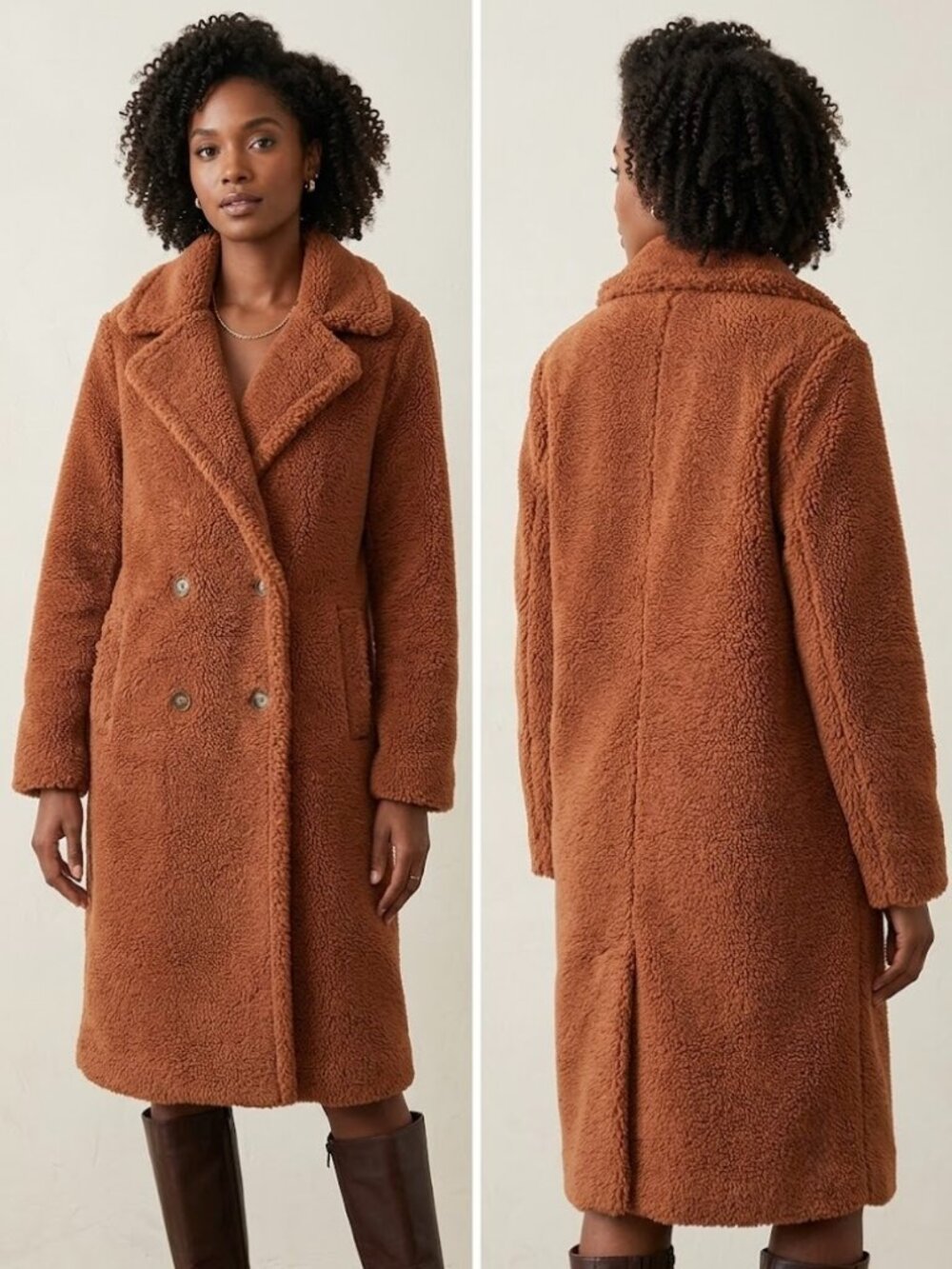 New York & Company Double Breasted Rust Brown Teddy Coat Womens Size XS Small